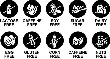 Complete set of food allergen and dietary restriction icons, with black and white symbolism, icons with claims of products free of substances for health and well-being