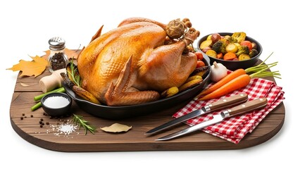 Golden roasted turkey with vegetables and seasonings on a wooden board
