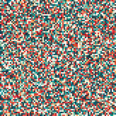 Seamless pixelated mosaic pattern in blue, turquoise, green, and black tones. Digital noise texture inspired by retro video games and 8-bit graphics. Ideal for backgrounds, game design, abstract wallp