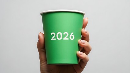 Hand holding green paper cup with 2026 text