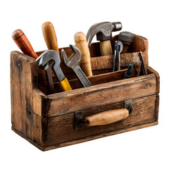 Vintage toolbox with tools isolated on transparent background &ndash; Vintage toolbox PNG, hand tools kit wooden box transparent
