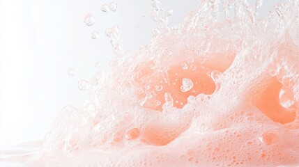 Fototapeta premium Vibrant pink liquid bursts with powerful splash, forming soft foam and many lively bubbles. Clear fresh water droplets scatter on a clean light backdrop.