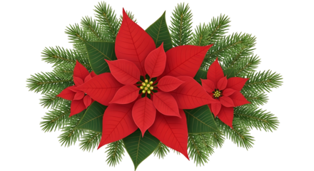Red poinsettia flower surrounded by green fir branches