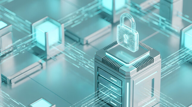 Isometric Digital Padlock over Futuristic Server Data Center - Powered by Adobe