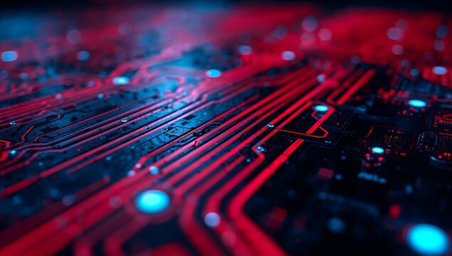 Abstract close up of glowing red and blue circuit board with intricate pathways