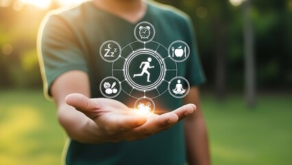 Healthy lifestyle concept with icons of diet, exercise, and wellness