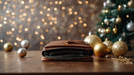 A brown empty wallet on a wooden table against a festive background with Christmas decorations. Conceptual ideas for holiday spending, budgeting, financial planning, and gift-giving.