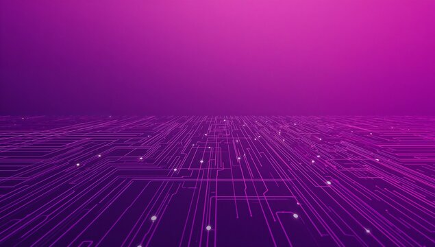 Abstract digital circuit board with glowing purple lines and nodes
