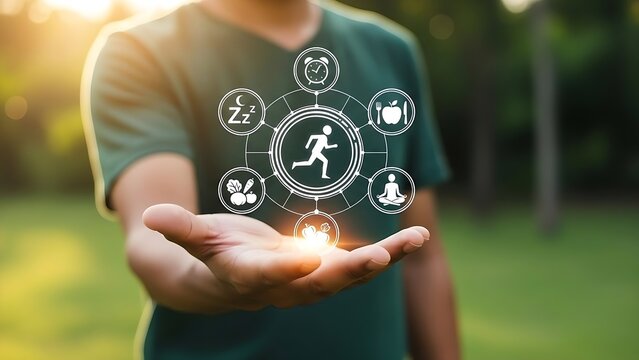 Healthy lifestyle concept with icons of diet, exercise, and wellness