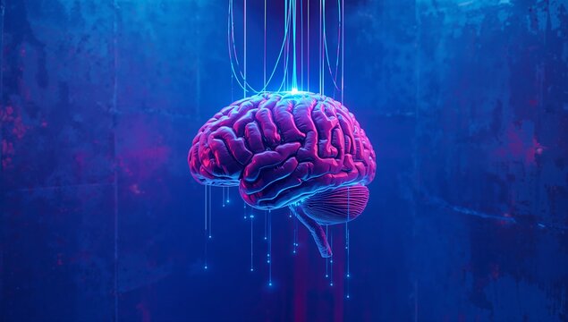 Glowing digital brain with neural network connections in blue and purple