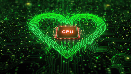 A luminous green circuit board heart embraces a central red CPU, symbolizing the convergence of technology and emotion, representing AI's core.