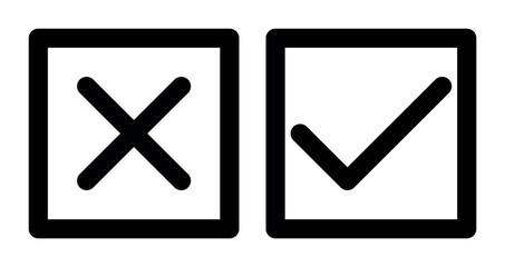 tick and x in square, OK check mark and X cross icon symbol black and white