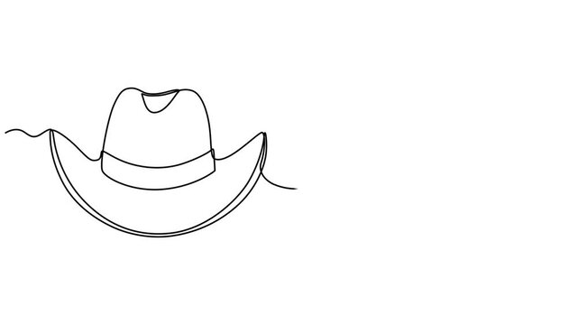 Animated self drawing  One line art cowboy hat - Minimalist continuous line drawing of western style hat vector illustration, Continuous one line drawing of men hat, Single line drawing of cowboy hat,