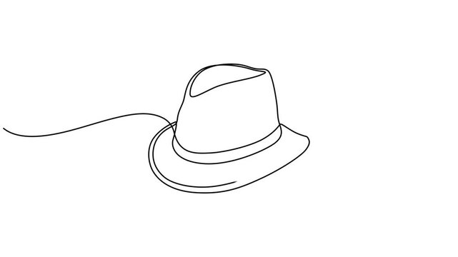 Animated self drawing  One line art cowboy hat - Minimalist continuous line drawing of western style hat vector illustration, Continuous one line drawing of men hat, Single line drawing of cowboy hat,