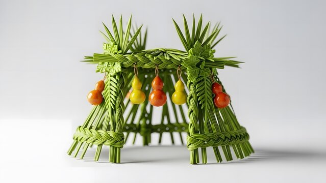 A miniature sukkah, a handmade green leaf tent with hanging pumpkins on a clean white background for blogs about Jewish holidays and religious celebrations, as well as educational materials with copy 