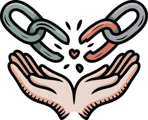 Obraz premium Two cupped hands below a broken chain with heart symbolizing freedom and love logo design