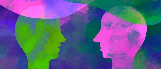 Disegno grafico creativo dialogo tra due persone. Comunicazione. Parlare con pensiero. Telepatia