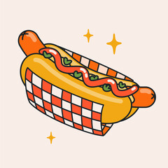 Retro hot dog illustration with bright cartoon colors, checkered wrap and playful food styling. Fun groovy design for stickers, menus, branding and vintage themed projects