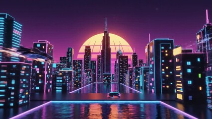 Retro futuristic cityscape glowing with neon lights at sunset - Powered by Adobe