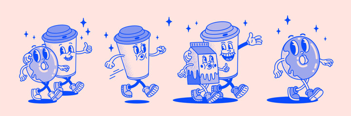 Retro coffee and donut cartoon set in a groovy vintage style with walking characters and playful expressions. Fun illustrated collection for stickers, branding, menus and designs