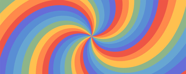 Fototapeta premium Abstract rainbow swirl psychedelic background with spiral pattern in bold colors. Retro groovy design perfect for posters, prints, branding, packaging, and creative projects