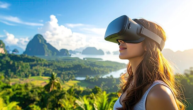 Young Woman Wearing Virtual Reality Headset Experiencing Scenic Tropical Landscape with Islands and Ocean During Golden Hour Sunlight