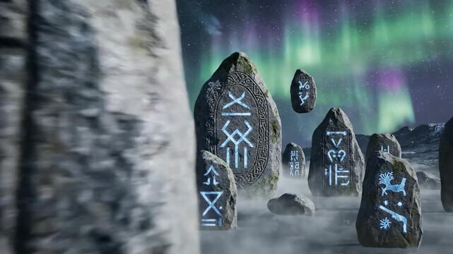Ancient stone monoliths with glowing runic symbols under aurora borealis sky