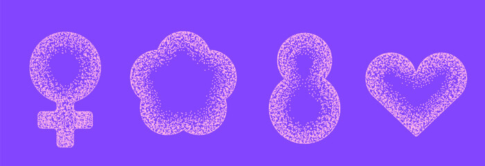 8 March, International Women's Day, Stipple Effect minimal elements set - female sign, flower, eight, heart. Vector dotted stippling textured Illustration