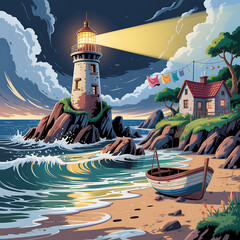 Coastal lighthouse guiding ships with beam of light over the ocean at dusk