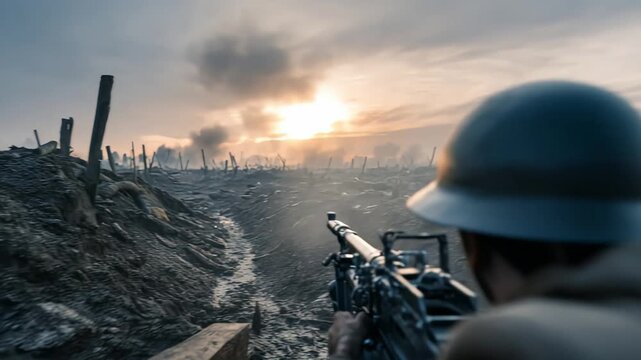 Nightfall battlefield depicted with firing rifle and smoky horizon