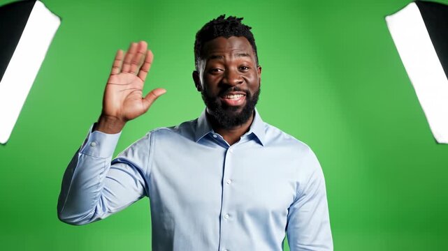 Man Waving Hello on Green Screen Background with Studio Lights.