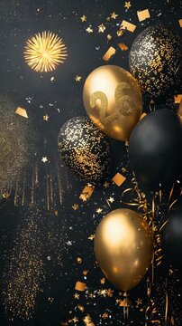 Elegant 26th Birthday Celebration with Golden Number Balloons, Fireworks, Confetti, and Black Background for Festive Occasions and Anniversary Greetings