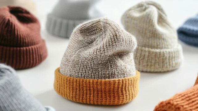 Video A collection of hats arranged neatly on a table, great for lifestyle or product shots