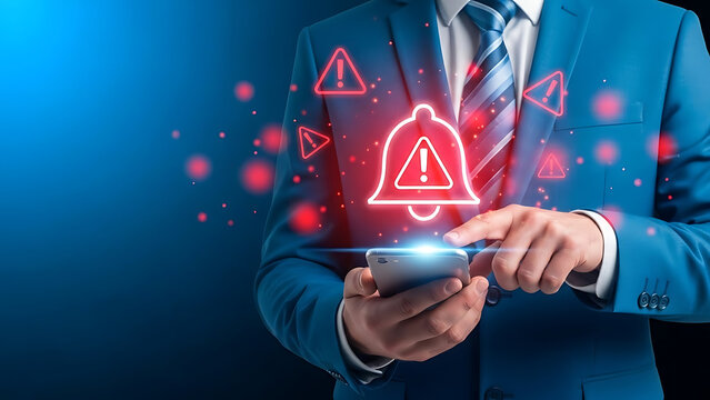 Businessman using smartphone with notification bell icon, alert and error concept