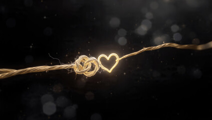 A golden rope forms a symbolic knot and a glowing heart, representing an unbreakable bond and deep connection amidst shimmering darkness.