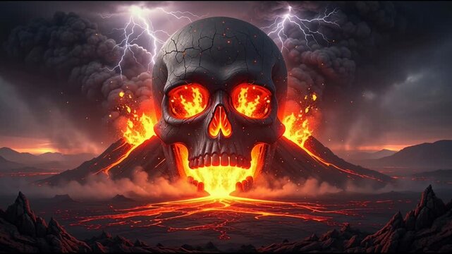 Apocalyptic landscape featuring a colossal skull, erupting volcanoes, and crackling lightning