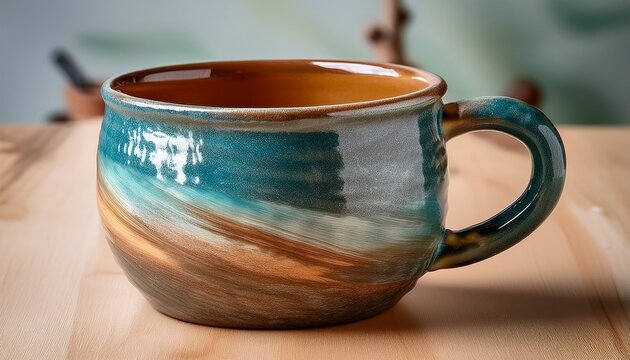 handmade pottery mug stoneware clay unique textured glaze artisanal ceramic drinkware rustic multi toned finish handcrafted coffee cup durable functional art collectible kitchenware minimalist design - Powered by Adobe