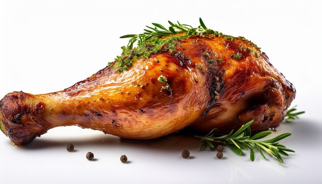isolated roasted poultry leg seasoned with herbs and spices on a plain surface in a studio shot