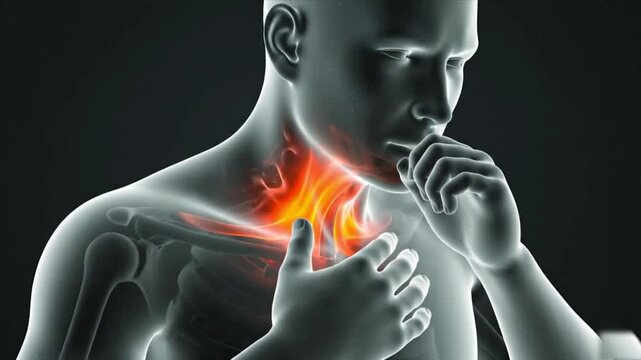 Man with throat pain and inflammation shown in x ray with hand near mouth and chest area