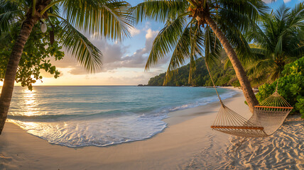 Tropical beach paradise with palm trees and hammock at sunset