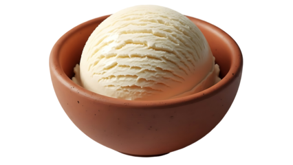 Scoop of creamy vanilla ice cream in a terracotta bowl