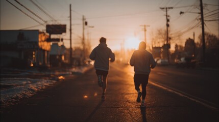 Two people running on road at sunset silhouette activity wellbeing concept