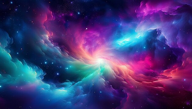 vibrant colorful celestial nebula with swirling clouds of blue purple pink and green gas and dust against a dark starry space