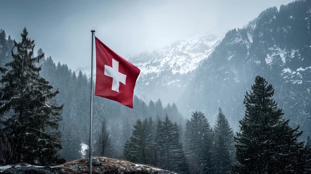 swiss flag waving in snowy alp switzerland