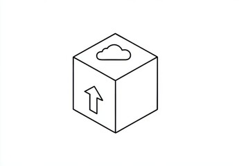 A white box with a cloud on top and an arrow pointing up. Data upload on cloud concept.