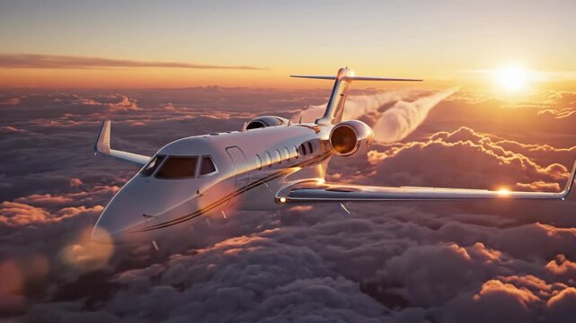 A silver jet soars above the clouds during sunset, trails visible, in a sky filled with colors