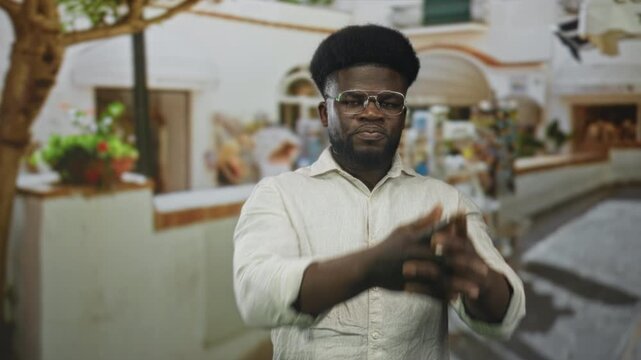 Man pointing both hands toward camera on street market wearing glasses and linen shirt, assertive stance; tension confrontation alert.
