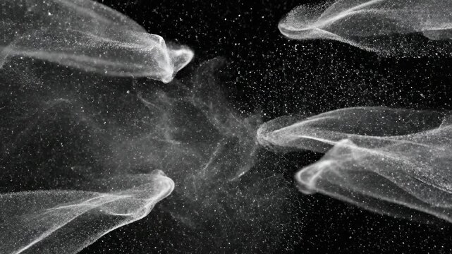 Smoothly flowing abstract white dust particles drift and shimmer across a deep black void background in a seamless loop overlay, modern, technology