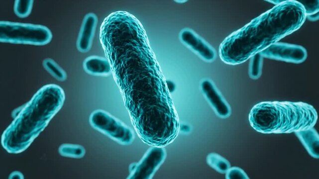 Microscopic view of many rod shaped bacteria cells floating in a blue tinted liquid medium