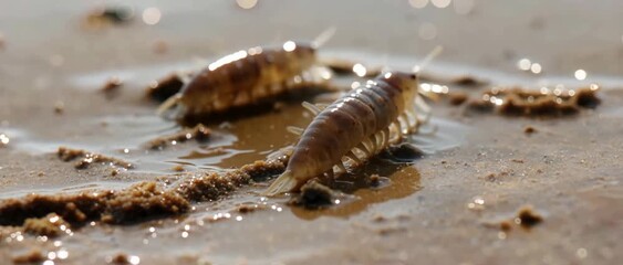 Macro close up footage of two sand fleas on a wet beach.